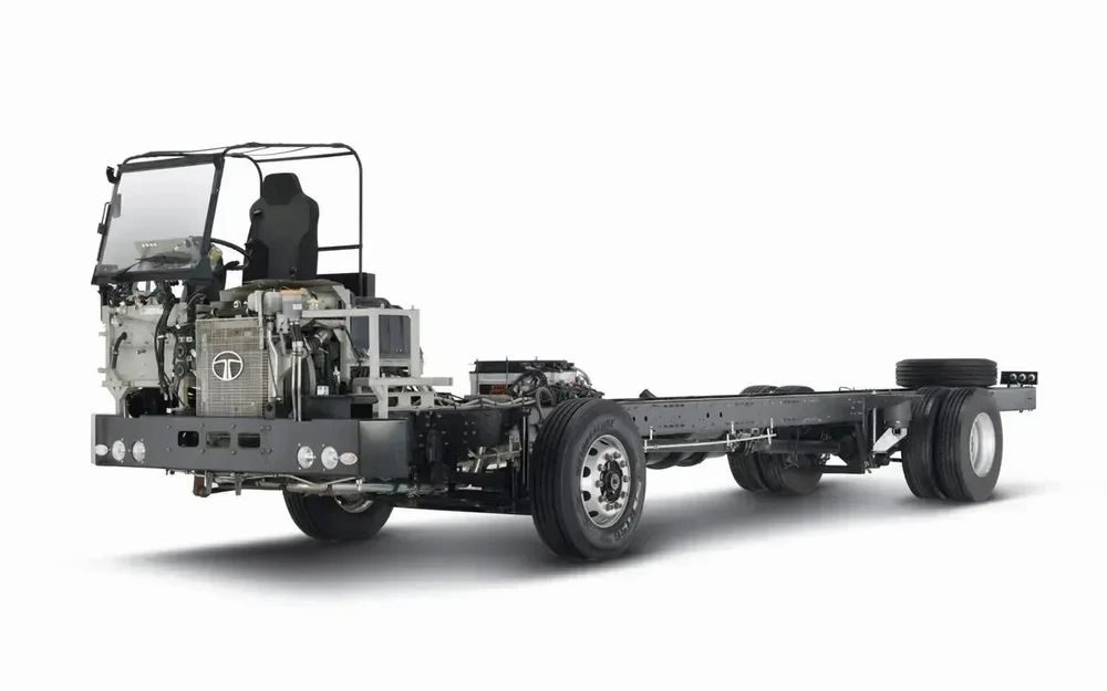 Bare bus chassis with engine, frame and wheels